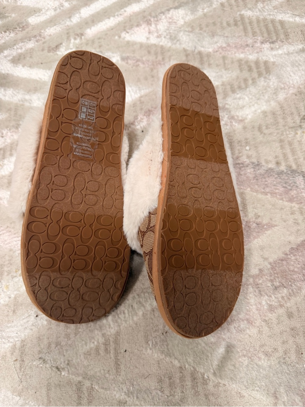 Coach Tan Monogram Canvas Slippers with Cream Faux Fur Cuff - Picture 3 of 3
